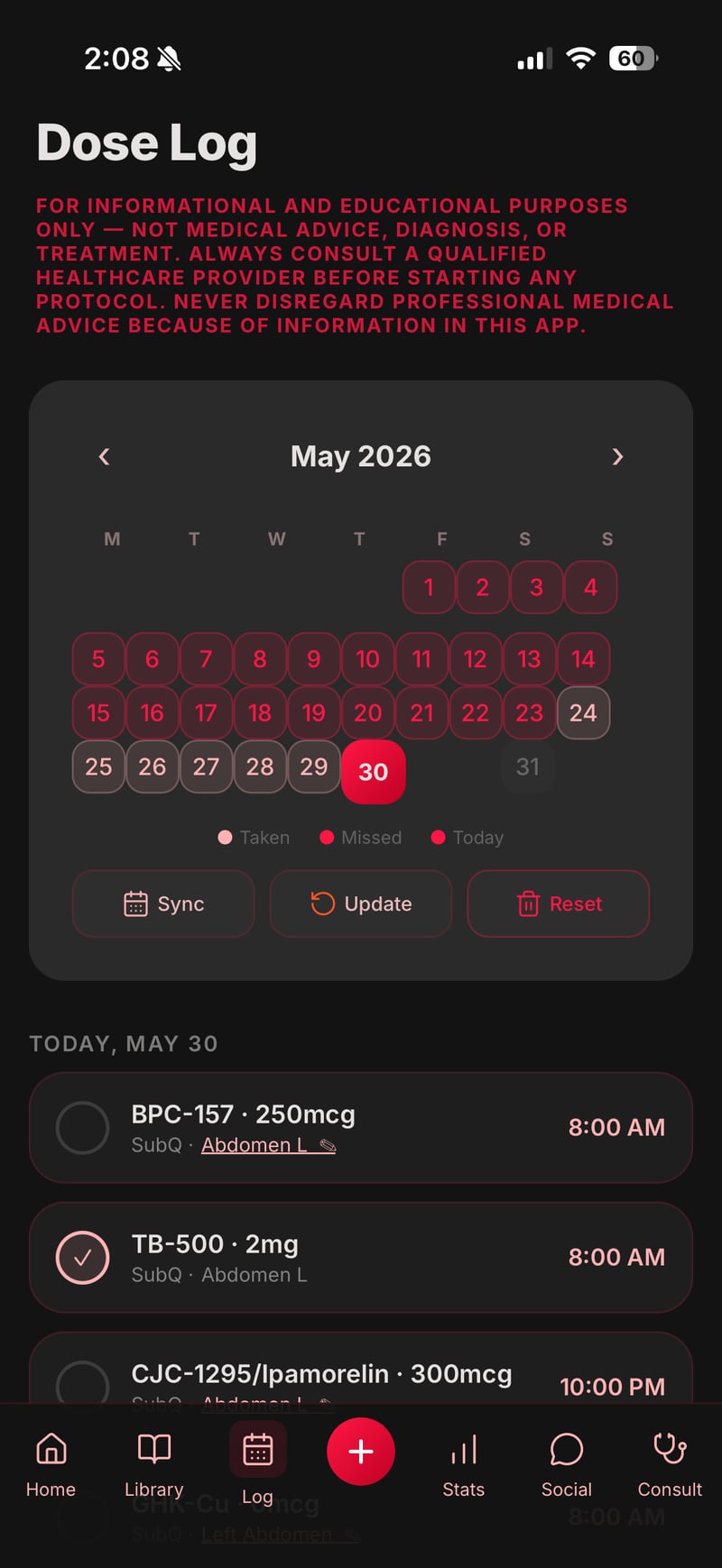 PepChamp Dose Log calendar