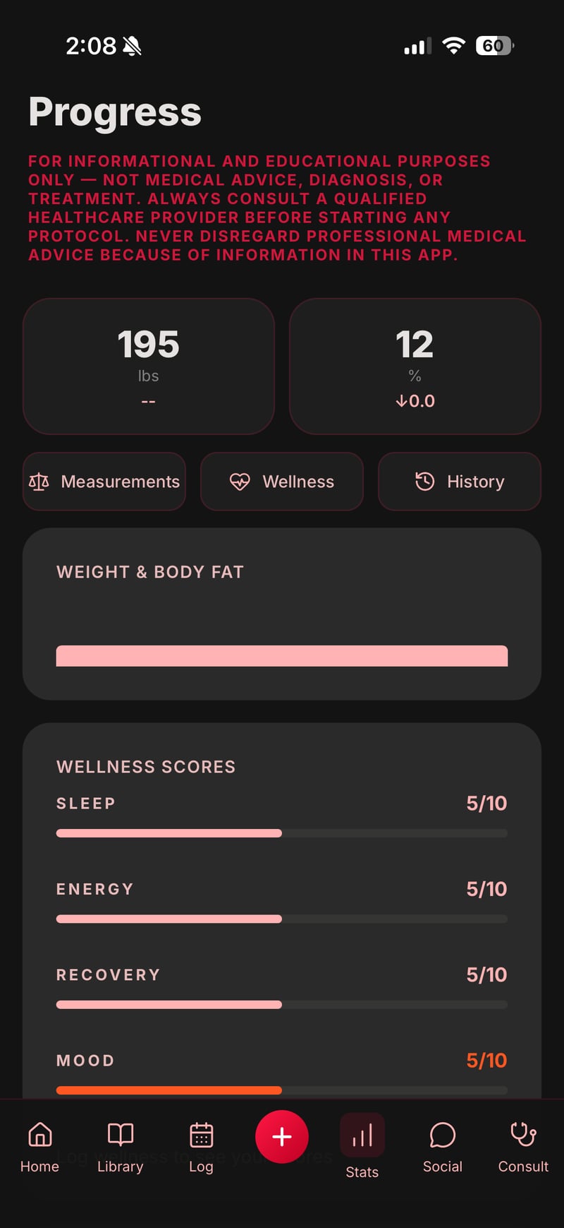 PepChamp Progress — weight, body fat, wellness scores